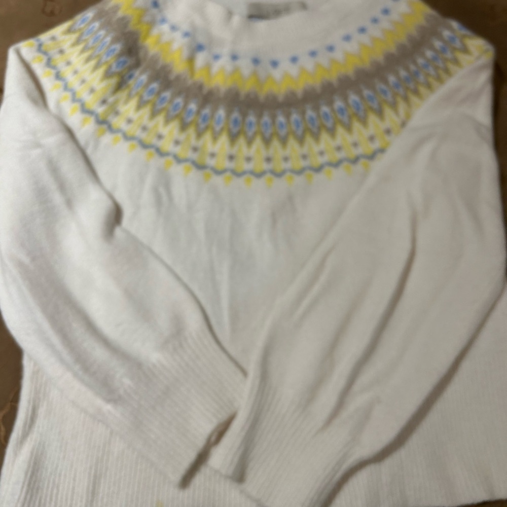 LOFT White Sweater with Yellow and Blue Pattern
